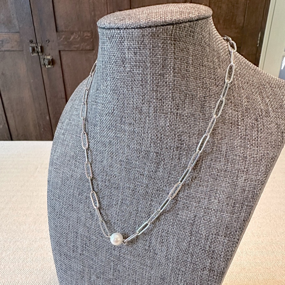 Stainless Steel Paperclip Chain Faux Pearl Necklace Adjustable for Layering - Picture 5 of 7
